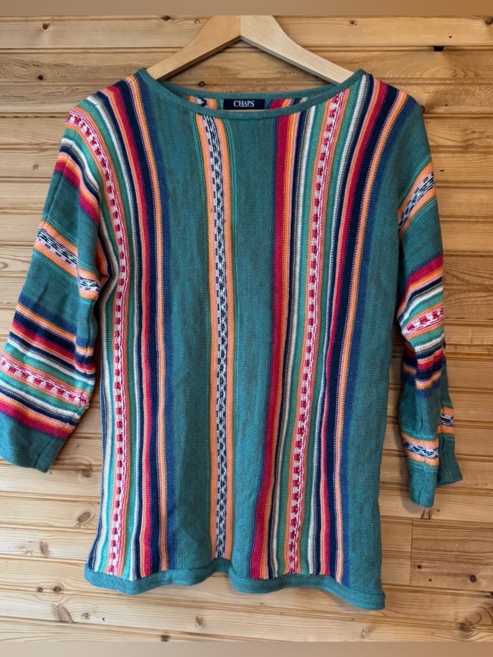 Chaps Denim Knit Sweater Vertical Stripes Medium Rolltop 90s Retro Cotton Linen